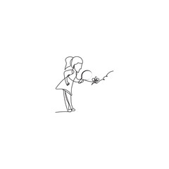 Continuous line drawing. Child carrying a magnifying glass to see bees. Illustration icon vector
