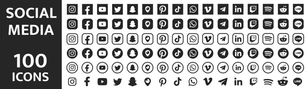 Facebook, twitter, instagram, youtube, reddit,telegram,snapchat, pinterest, tiktok logo. Collection of popular social media symbol