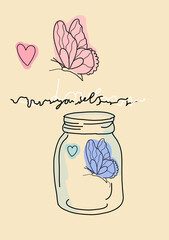 The illustration belongs to the type of backgrounds and textures. We can see the butterfly in the glass jar and the other one above it