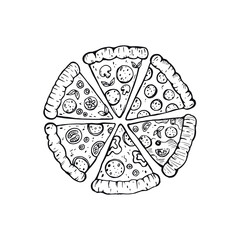 Hand drawn pizza. Italian food. Pizza slices in a circle with tomatoes, peppers, champignons, pepperoni. Package design.