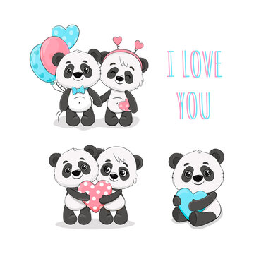 Two cute cartoon pandas with balloons and hearts for cards Valentine's Day, birthday, Mother's Day, wedding.Panda couple