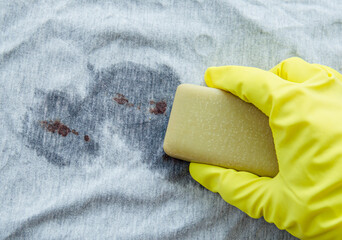 Removing blood stains with bile( gall, sap) soap bar. Natural chemical free household clothing...