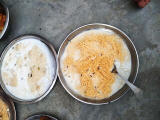 Vegetable noodle soup with rice food milk on plate