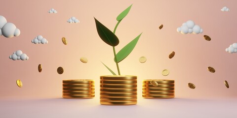 money leaf tree of stack gold dollar coin, passive income value, cashflow of business, banking funding financial, 3d illustration rendering - obrazy, fototapety, plakaty