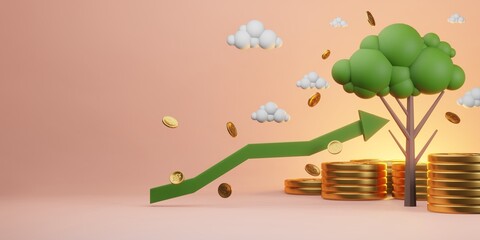 money leaf tree of stack gold dollar coin, passive income value, cashflow of business, banking funding financial, 3d illustration rendering - obrazy, fototapety, plakaty