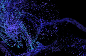 3D Render of many small ultraviolet and blue particles flying on black festive background. Trendy backdrop for your design. Three-dimensional illustration. Innovation and technology concept