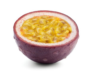 One slice of passion fruit in water drops isolated on white background.
