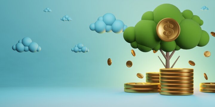 money leaf tree of stack gold dollar coin, passive income value, cashflow of business, banking funding financial, 3d illustration rendering
