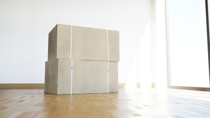 3D rendering of cardboard moving boxes on the floor in empty room