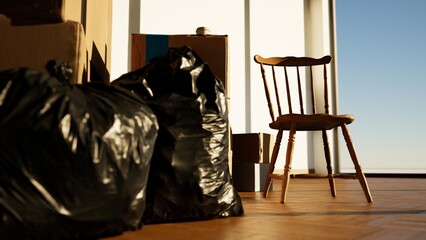 3D rendering of cardboard moving boxes on the floor in empty room