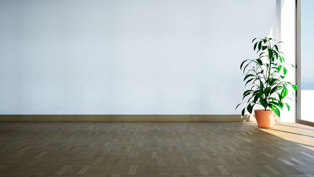 White empty room with plant. 3d illustration.