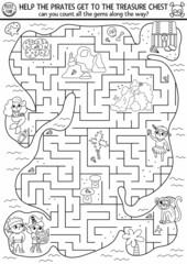 Pirate black and white maze for kids with tropical treasure island and cute kid pirates. Treasure hunt preschool printable activity. Sea adventures coloring labyrinth with chest, map, mermaid.