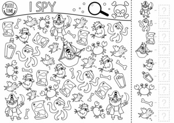 Pirate black and white I spy game for kids. Searching and counting activity with pirates, animals, birds. Treasure island hunt printable coloring page. Simple sea adventure spotting worksheet.