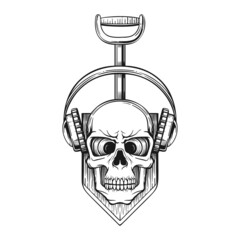 Skull in headphones behind him sapper shovel, sketch logo