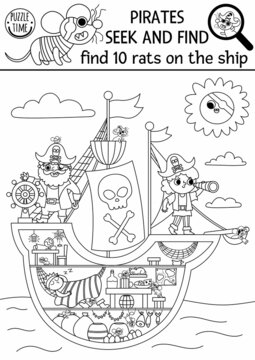 Vector black and white pirate searching game. Spot hidden rats in the picture. Simple treasure island seek and find activity for kids. Sea adventures treasure hunt coloring page. Find rats on ship.