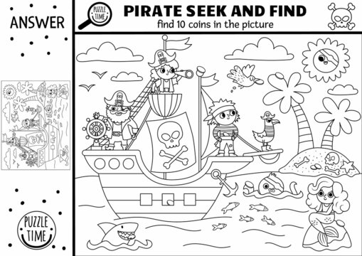 Vector black and white pirate searching game with sea landscape. Spot hidden coins in the picture. Treasure island seek and find activity for kids. Sea adventures treasure hunt coloring page.