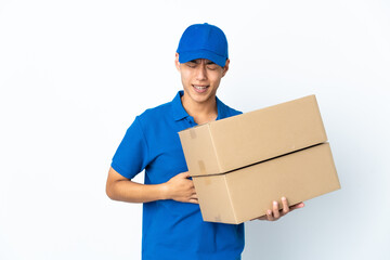 Delivery Chinese man isolated on white background smiling a lot