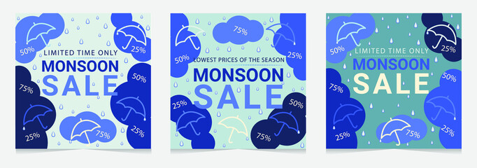 Monsoon sale offer banner template header with clouds, rainbow and umbrella on gradient background. Vector illustration. Place for text. Overcast sky with rain