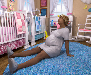 3d Illustration young pregnant mother expecting twins. happy sitting in baby's room - obrazy, fototapety, plakaty