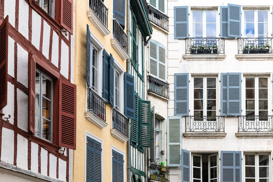 Bayonne in the pays Basque, colorful shutters on a typical facade in the center
