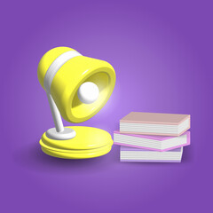 Books and lamp isolated on purple background, education, student,3D rendering vector illustration