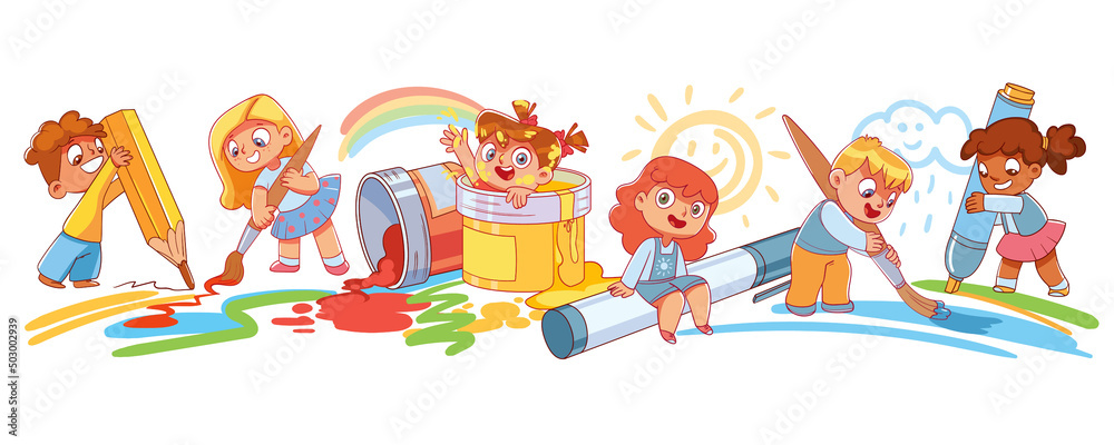 Wall mural Group of little children draw big art together with large school supplies. Colorful cartoon characters. Funny vector illustration. Isolated on white background. Seamless panorama