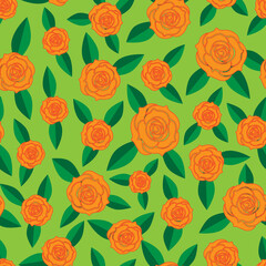 Yellow roses with green lives, green background. Seamless floral pattern, vector.