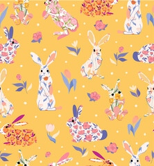 Colorful flower rabbits seamless vector pattern on yellow background. Perfect for branding, package, fabric and textile, wrapping paper