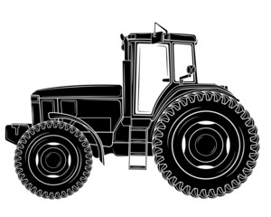 Black silhouette Realistic tractor in profile on a white background. Agricultural tractor - transport for the farm.Vector illustration.