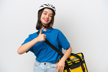 Young Ukrainian woman with thermal backpack isolated on white background giving a thumbs up gesture