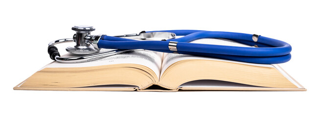 Medicine study concept. Open book with stethoscope isolated on white background. Doctors and...