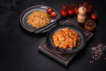 Thai noodle and chicken plate on a black concrete background with Chinese chopsticks and copy space
