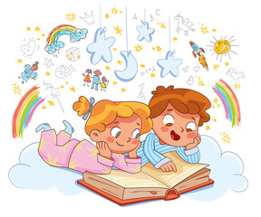 Bedtime story. Brother and sister read a book of fairy tales before going to bed and fantasize. Colorful cartoon characters. Funny vector illustration. Isolated on white background