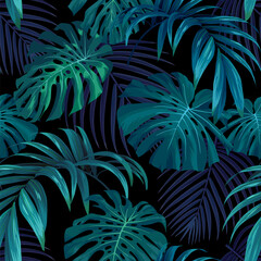 Seamless hand drawn tropical vector pattern with monstera palm leaves on dark background. © Ms.Moloko