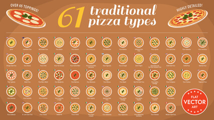 Highly detailed flat vector illustration of a set of 61 traditional pizza types from around the world. Over 65 different toppings. Well organized layers for easier customization.