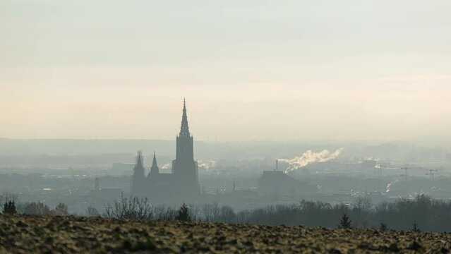 Ulm minster & inner city on cold and foggy morning time lapse