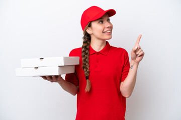 pizza delivery woman with work uniform picking up pizza boxes isolated on white background pointing...