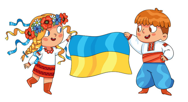 Little boy and girl holding the flag of Ukraine. Welcome to the Ukraine. Colorful cartoon characters. Funny vector illustration. Isolated on white background