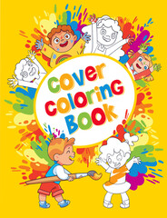 Coloring book cover concept art. Black and white children paint each other with paint in different colors. Boy paints girl with big magic brush. Funny cartoon characters. Colorful vector illustration
