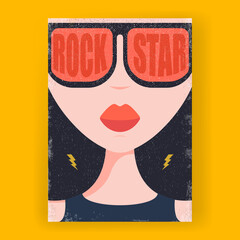 Modern cover with Abstract rock star girl with sunglasses. Stylish and fashion female avatar. Rock n roll party poster design template with woman