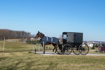 Fototapeta na wymiar Amish Horse and Buggy Parked at a Hitching Rail | Holmes County, Ohio