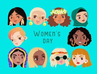 Illustration with women, international women's day.