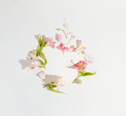 A floral silhouette made of colorful petals and a heart on a white background. Minimal concept of love and affection. Copy space. Flat lay. Creative design.