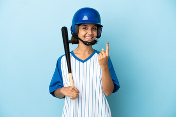 Baseball mixed race player woman with helmet and bat isolated on blue background doing coming gesture