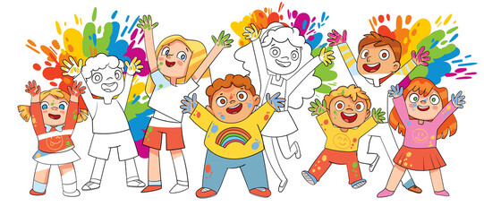 Black and white images magically turn into color. Children jumping from colorful paint fireworks in the background. Concept art for a coloring book. Funny cartoon characters. Vector illustration