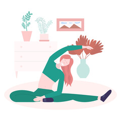 Smiling woman doing yoga exercise in living room. Happy woman doing fitness exercise vector illustration