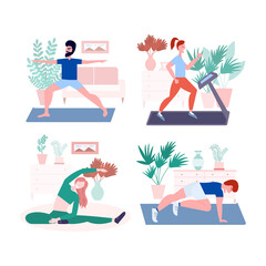 Home sport training set. People fitness activity in room, woman and man doing physical exercises yoga and gymnastics at home. Flat style sport illustration.