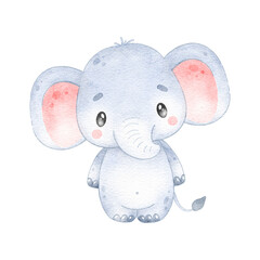 Digital watercolor. Illustration of cute cartoon tropical animal elephant