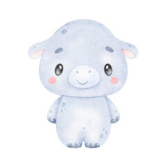 Digital watercolor. Illustration of cute cartoon tropical animal hippo