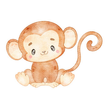 Digital watercolor. Illustration of cute cartoon tropical animal monkey